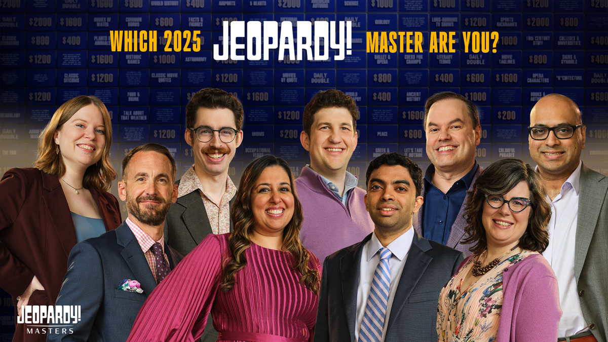 "Which 20205 Jeopardy! Master Are You?"  Photo of 9 contestants. 