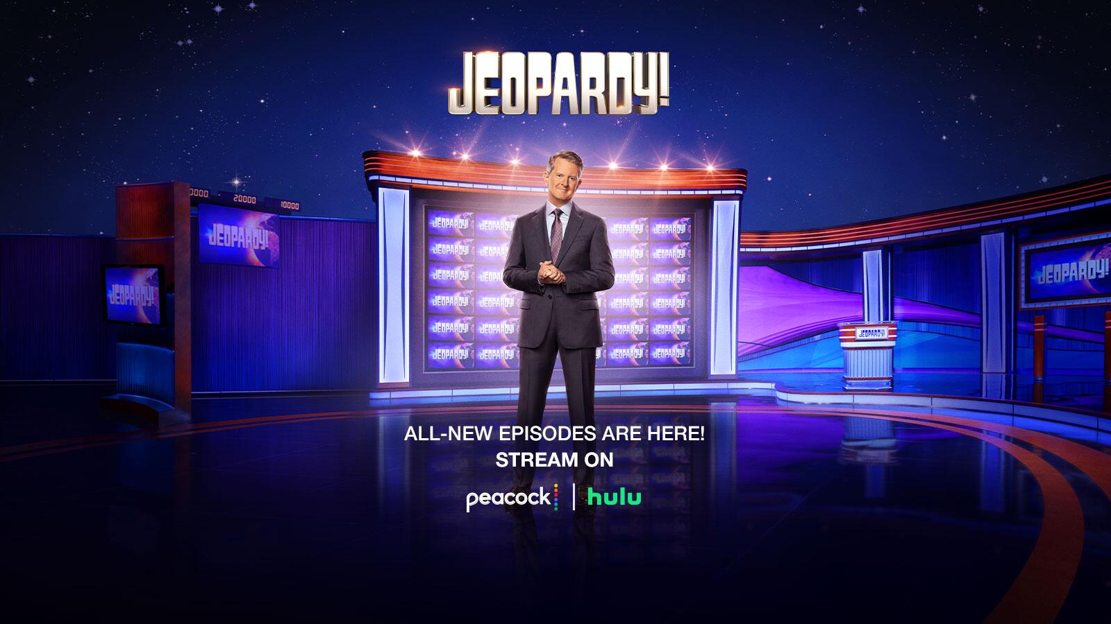 ALL-NEW EPISODES ARE HERE! STREAM ON peacock and hulu (Ken Jennings on Jeopardy! key art)