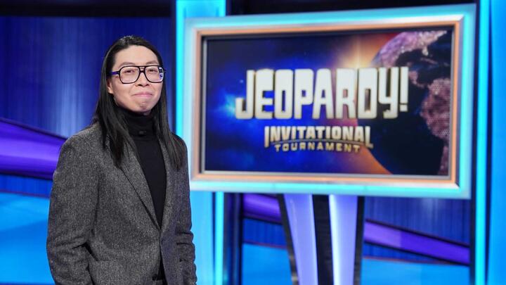Andrew He on the Jeopardy! set after his JiT victory. 